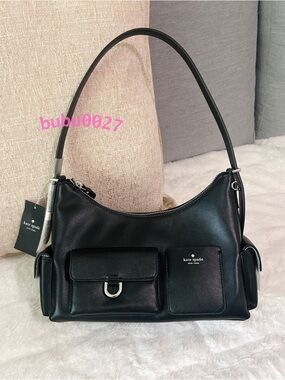 NWT🍉Kate Spade Cargo Shoulder Bag Black KN665 Smooth Leather Silver Women Gift